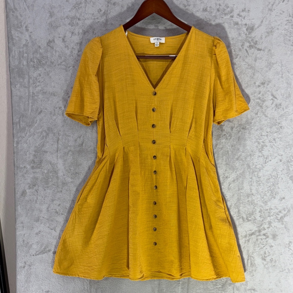Umgee Mustard Yellow Cotton V-Neck Button Mini Dress w/Pockets Size M